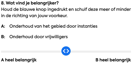 Een screenshot van vraag 8 zoals getoond in de vragenlijst. De vraag kon ingevuld worden met een slider die van A naar B bewogen kon worden.