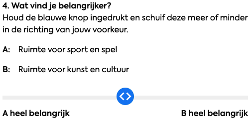 Een screenshot van vraag 4 zoals getoond in de vragenlijst. De vraag kon ingevuld worden met een slider die van A naar B bewogen kon worden.