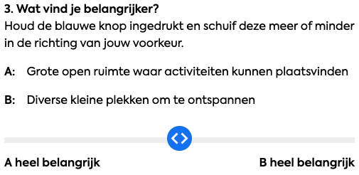 Een screenshot van vraag 3 zoals getoond in de vragenlijst. De vraag kon ingevuld worden met een slider die van A naar B bewogen kon worden.