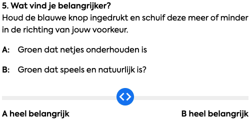Een screenshot van vraag 5 zoals getoond in de vragenlijst. De vraag kon ingevuld worden met een slider die van A naar B bewogen kon worden.