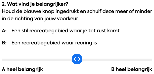 Een screenshot van vraag 2 zoals getoond in de vragenlijst. De vraag kon ingevuld worden met een slider die van A naar B bewogen kon worden.