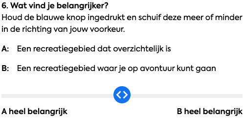 Een screenshot van vraag 6 zoals getoond in de vragenlijst. De vraag kon ingevuld worden met een slider die van A naar B bewogen kon worden.