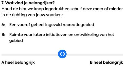 Een screenshot van vraag 7 zoals getoond in de vragenlijst. De vraag kon ingevuld worden met een slider die van A naar B bewogen kon worden.